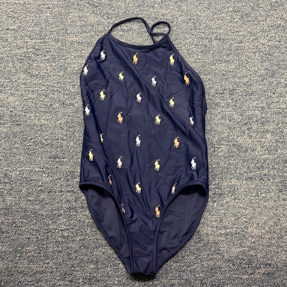 Ralph Lauren youth Navy One-Piece Swimsuit with Multicolor Pony Logos